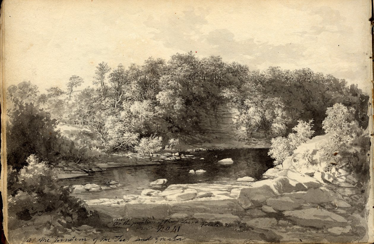 At the Junctions of the Tees and Greta (bläck (svart) och penna på papper) av John Glover
