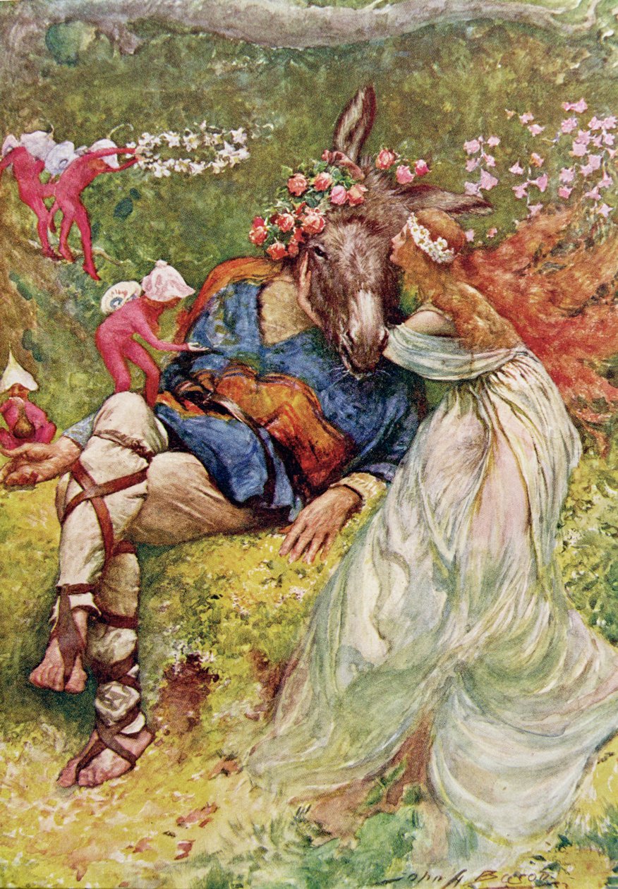 Titania och botten i en midsommarnattsdröm från "Barnberättelser från Shakespeare" av Edith Nesbit (1858-1924) pub. av Raphael Tuck und Sons Ltd., London (bokillustration) av John Henry Frederick Bacon