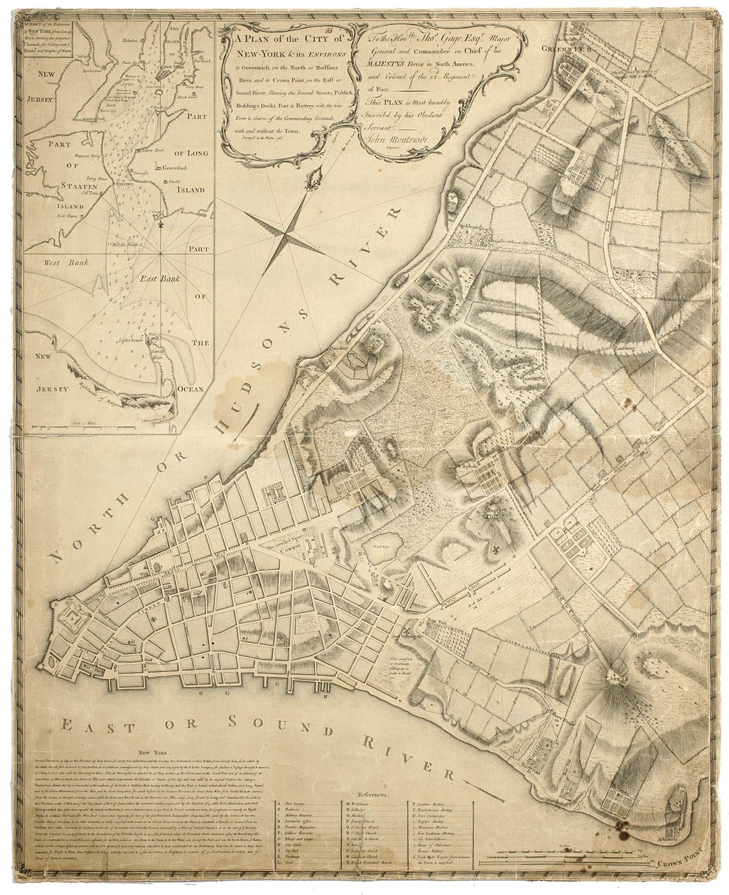 En plan för staden New York och dess omgivningar till Greenwich på North (Hudson) River till Crown Point på East River, undersökt 1766, 1775 (litografi) av John Montresor