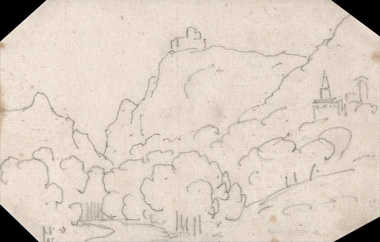 Bergsutsikt med byggnader av John Robert Cozens