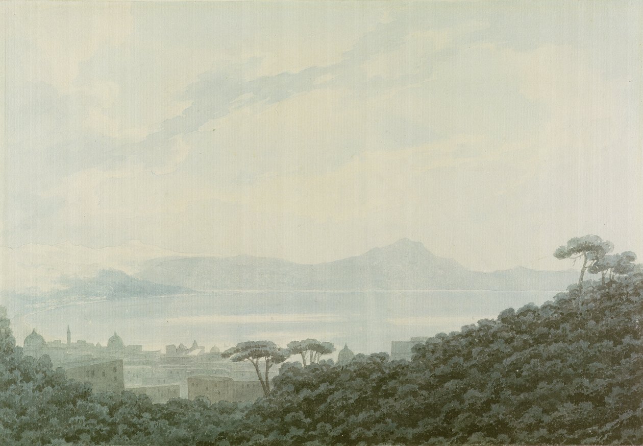 Neapelbukten från Capodimonte, Italien, ca 1790 (wc över penna på papper) av John Robert Cozens