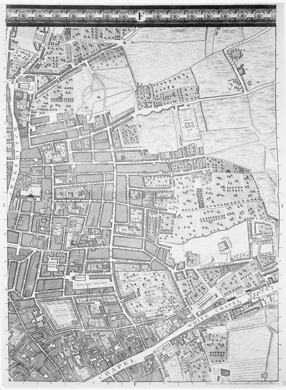 En karta över Shoreditch och Whitechapel, London, 1746 av John Rocque