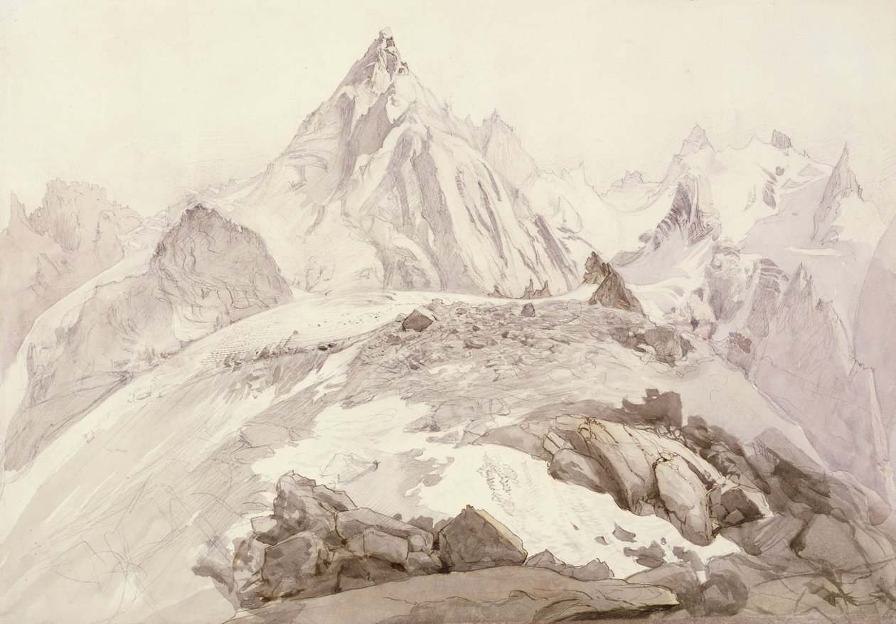 Aiguilles de Chamonix, ca 1850 (penna, penna och bläck och tvätt på kort) av John Ruskin