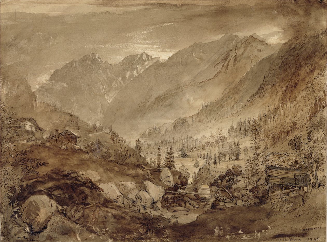 Mountain Landscape, Macugnaga, 1845 (penna och brunt bläck och skölj över penna på papper) av John Ruskin