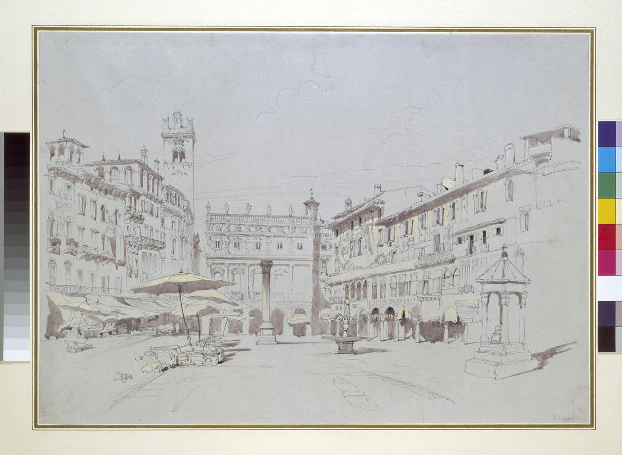 Study for Detail of the Piazza delle Erbe, Verona, 19 maj 1841 grafit med akvarell och kroppsfärg på grått papper av John Ruskin