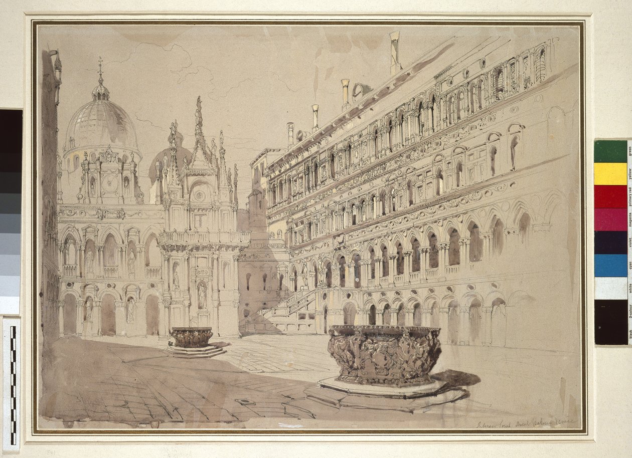 Hertigpalatsets gård, Venedig, maj 1841 (grafit, akvarell, bodycolour, penna och bläck på ljusgrått papper) av John Ruskin