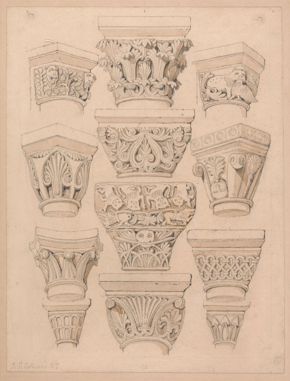 Capitals in the Abbey Church of St. Georges de Bocherville, near Rouen, Normandy av John Sell Cotman