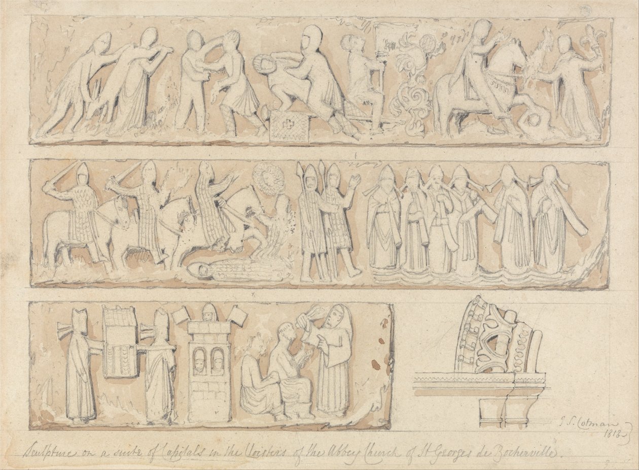 Sculpture on a Suite of Capitals in the Cloisters of the Abbey Church of Saint Georges de Bochervill... av John Sell Cotman
