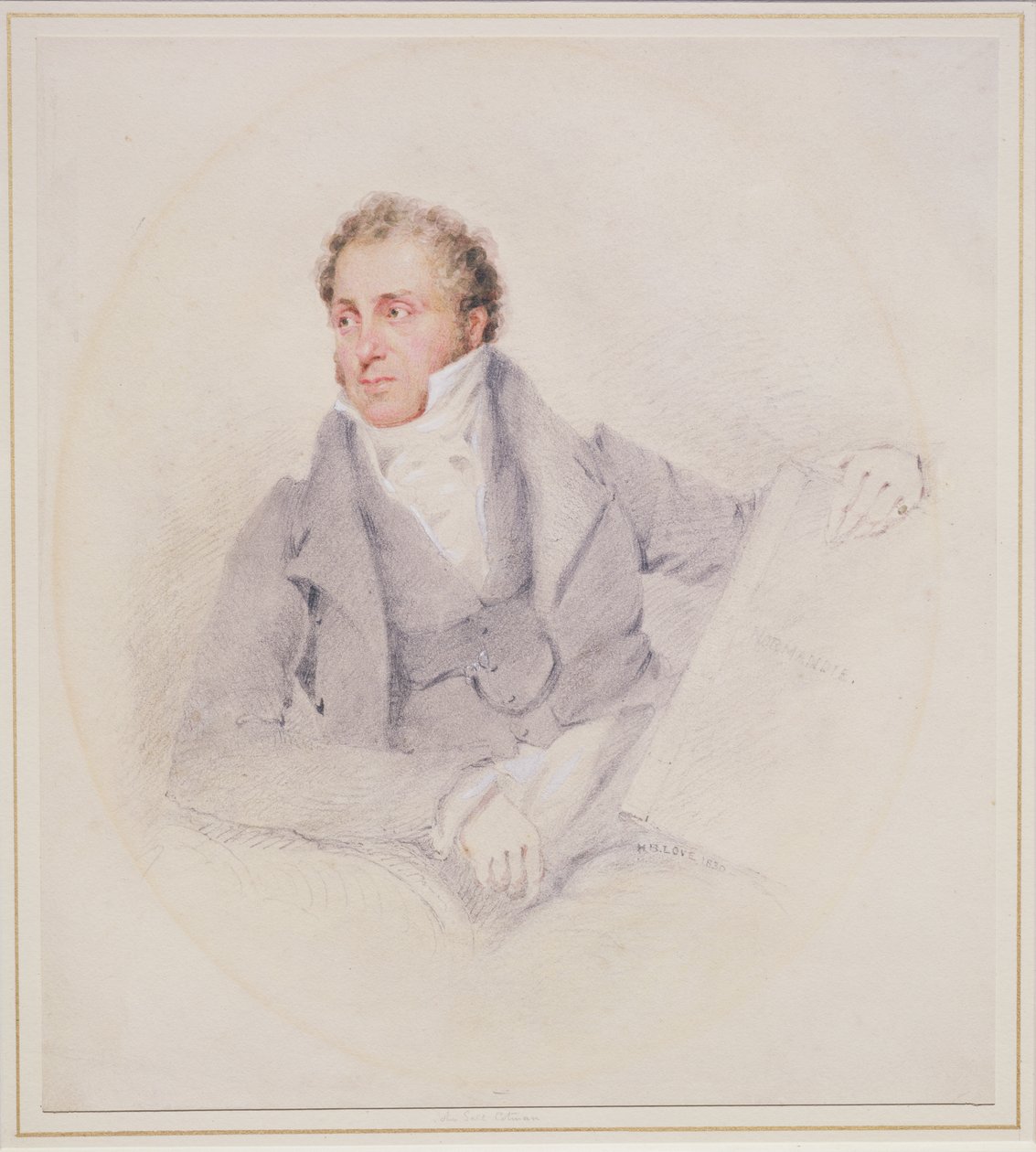 Självporträtt håller boken "Normandie" (penna och wc på papper) av John Sell Cotman