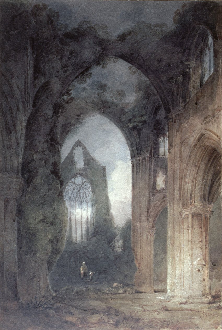 Tintern Abbey by Moonlight (penna och brunt bläck och wc på papper) av John Sell Cotman