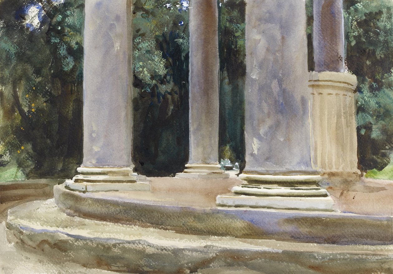 A View between the Columns of a Tempietto (akvarell och inslag av kroppsfärg över markeringar i grafit på grovt papper) av John Singer Sargent
