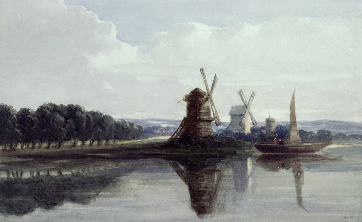 Väderkvarnar vid en flod, 1800-talet (akvarell) av John Smeaton Chase