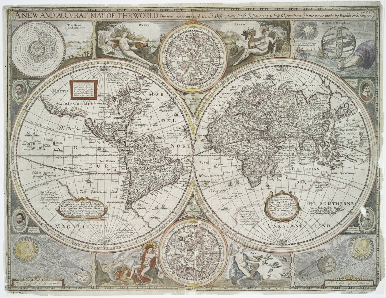 En ny och exakt karta över världen, 1676 (handfärgat tryck) av John Speed