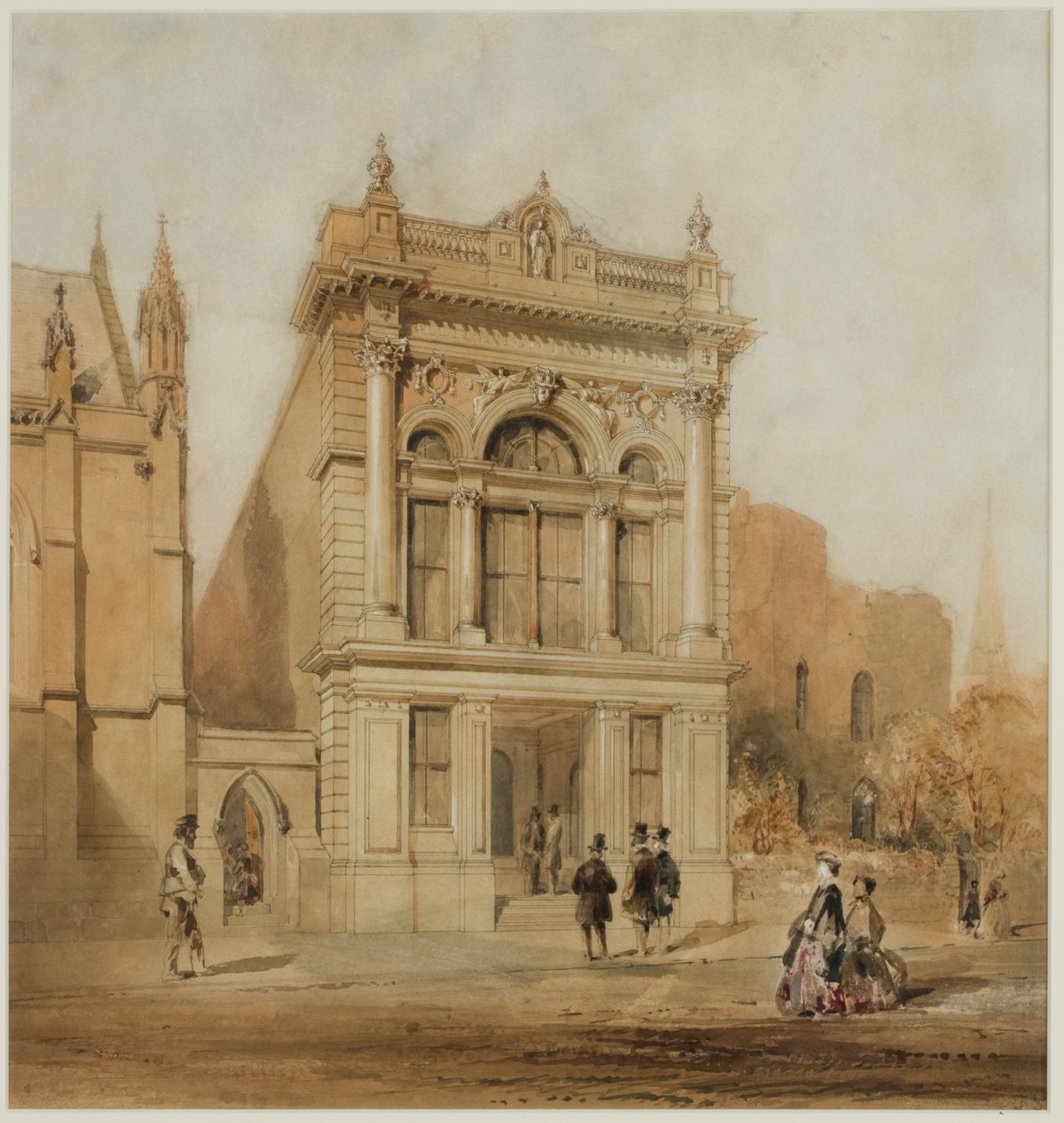 Design för Mechanics Institute, Newcastle upon Tyne, 1863 (bläck och wc på papper på kort) av John Storey