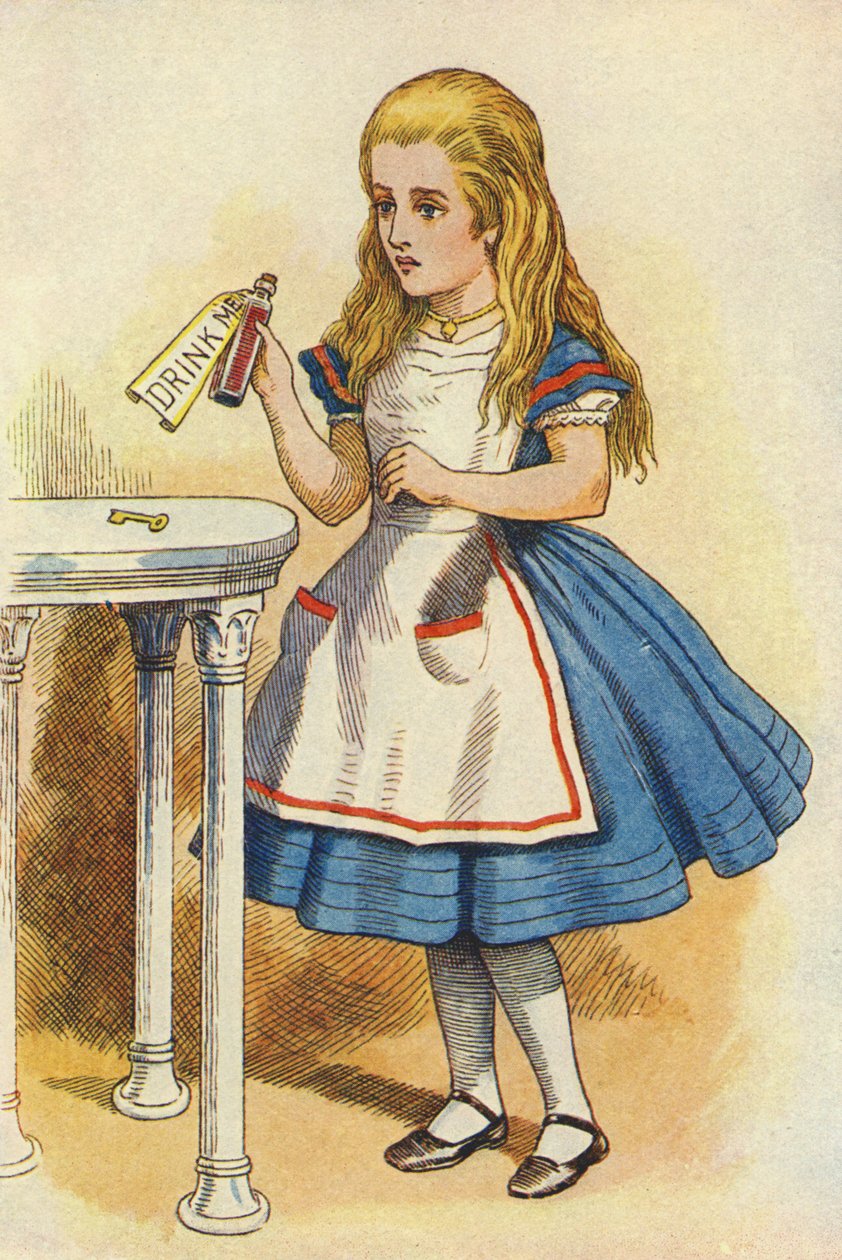 Alice upptäcker en flaska märkt "Drink Me" (färggravyr) av John Tenniel