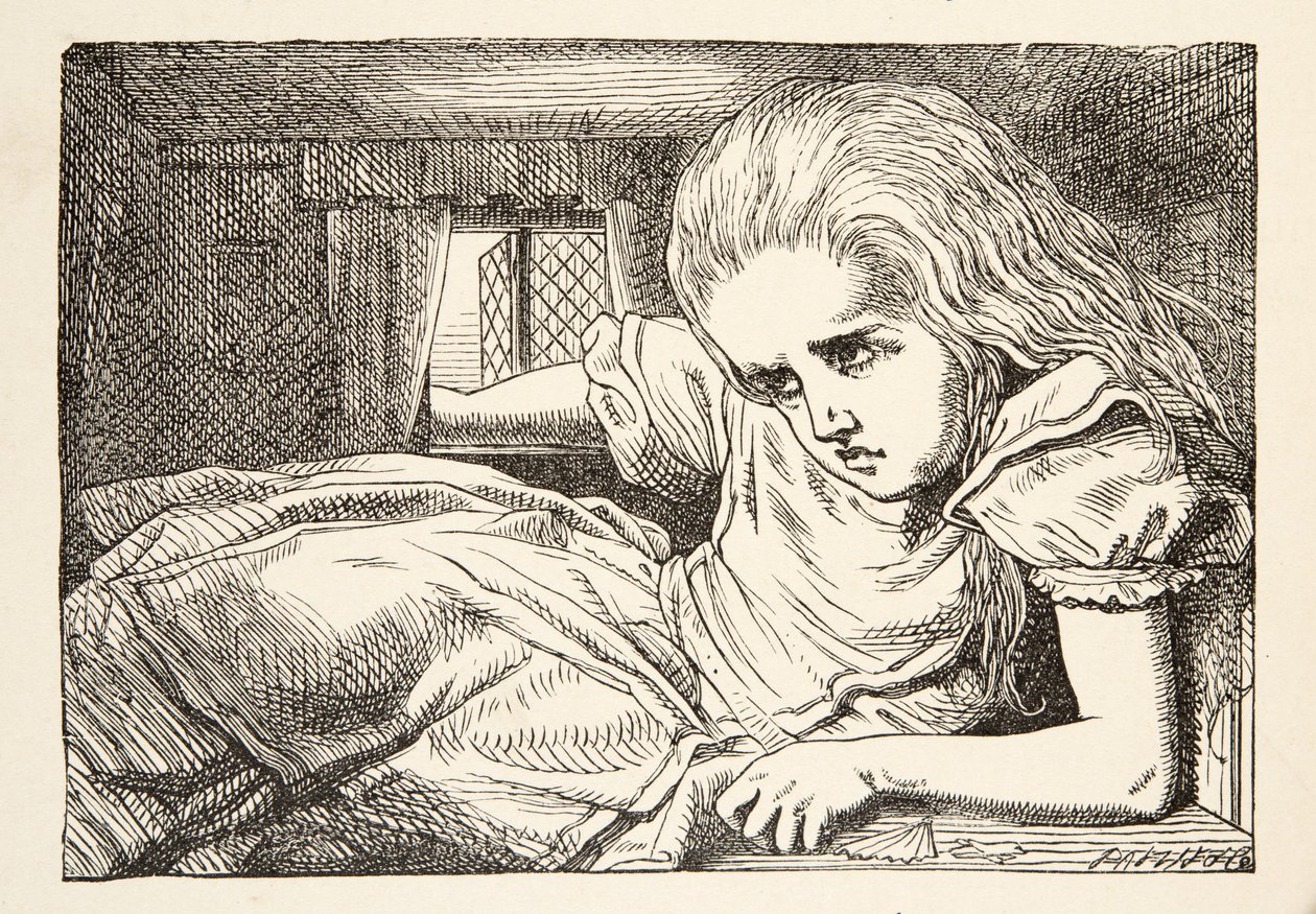 Alice blir för lång för rummet, från Alices Adventures in Wonderland av Lewis Carroll (1832 - 98), pub. 1891 av John Tenniel