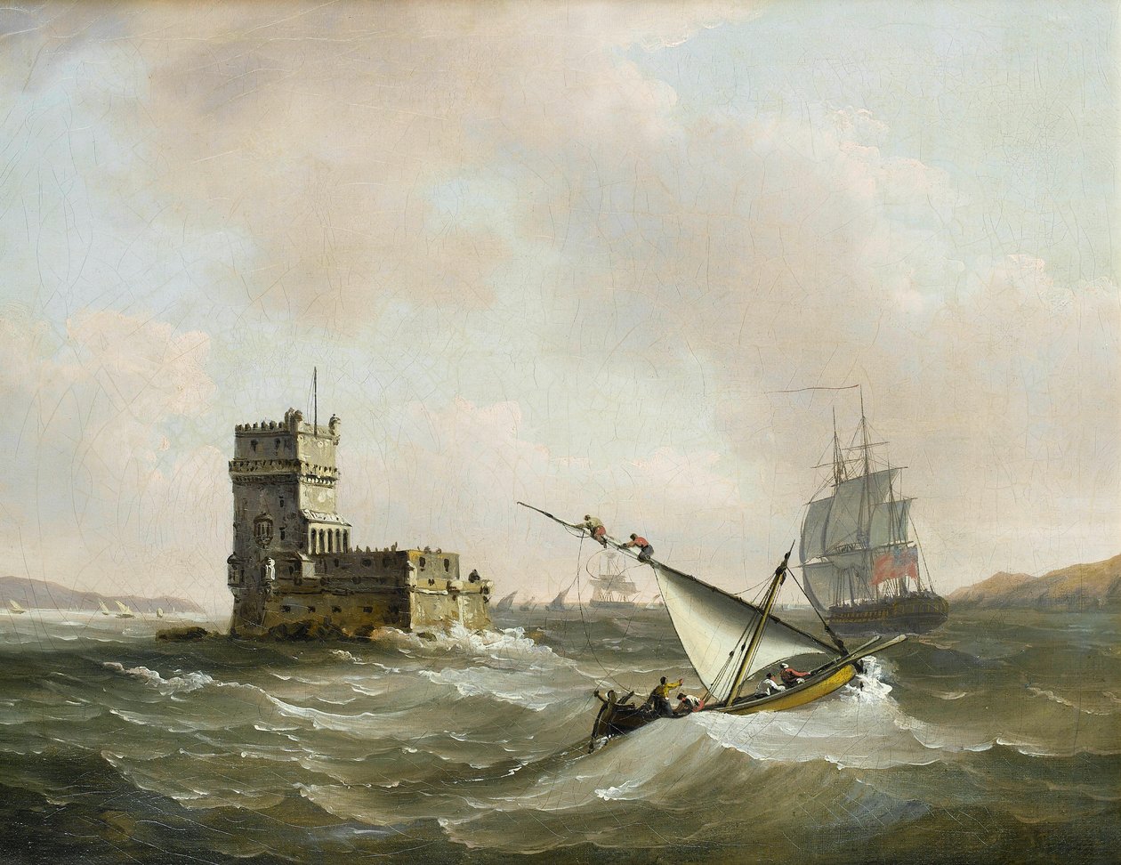 An English frigate in choppy waters in the Tagus passing the Belem Tower av John Thomas Serres
