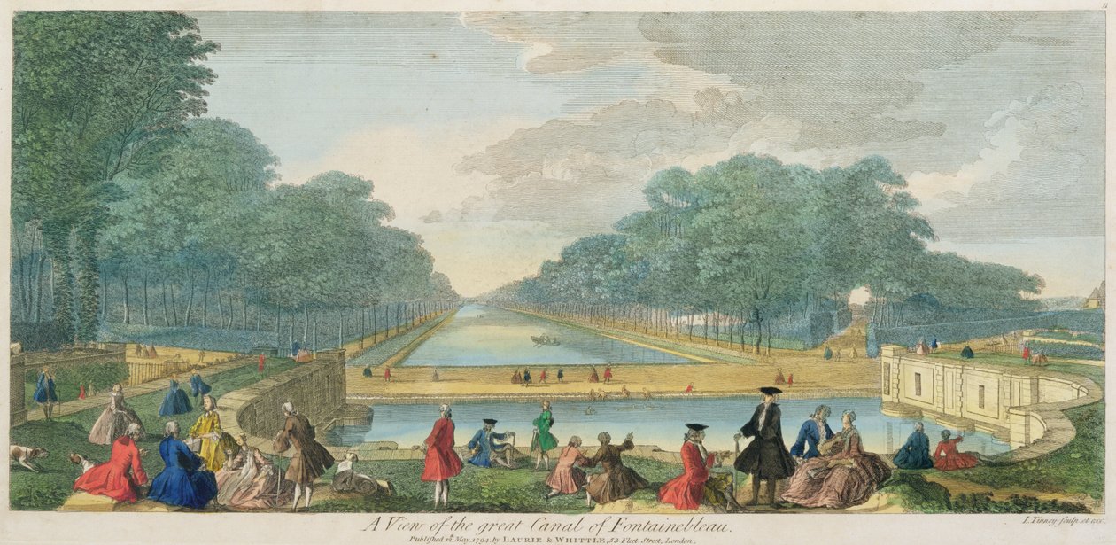 En utsikt över den stora kanalen i Fontainebleau, publicerad 1794 (färggravyr) av John Tinney