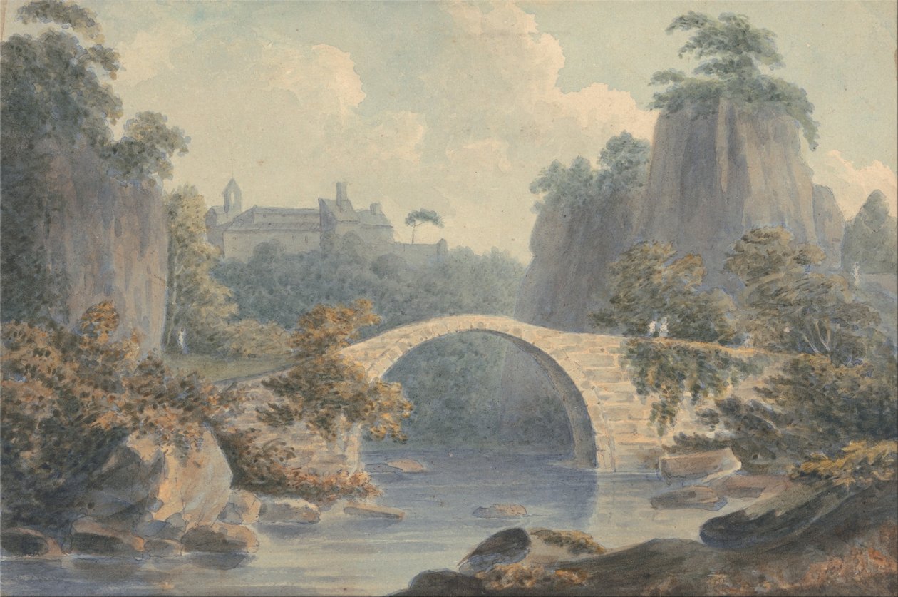 River Landscape with a Single Arched Bridge av John Warwick Smith