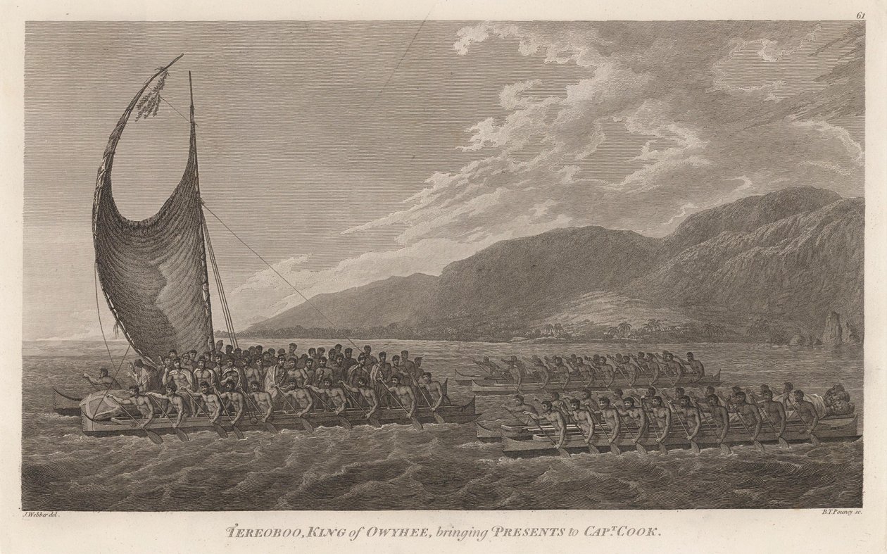 Kalaniopuu, King of Hawaii, bringing presents to Captain Cook.  av John Webber