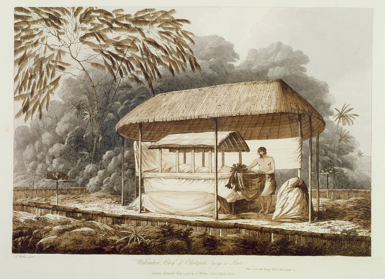 Waheiadooa, chef för Oheitepeha, liggande i staten, från "Views in the South Seas", pub. 1789 av John Webber