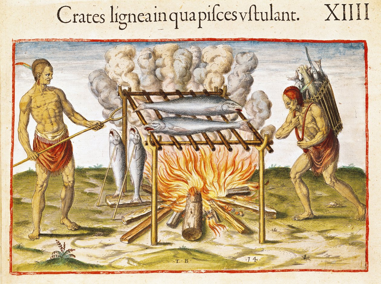 Kokning av fisk, från "Admiranda Narratio...", graverad av Theodore de Bry (1528-98) 1585-88 av John White