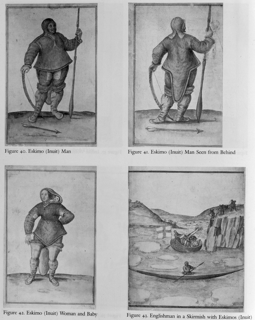 Eskimå (inuit) man; Eskimå (inuit) man sedd bakifrån; Eskimå (inuit) kvinna och baby; Engelsmän i en skärmytsling med eskimåer (inuiter) av John White