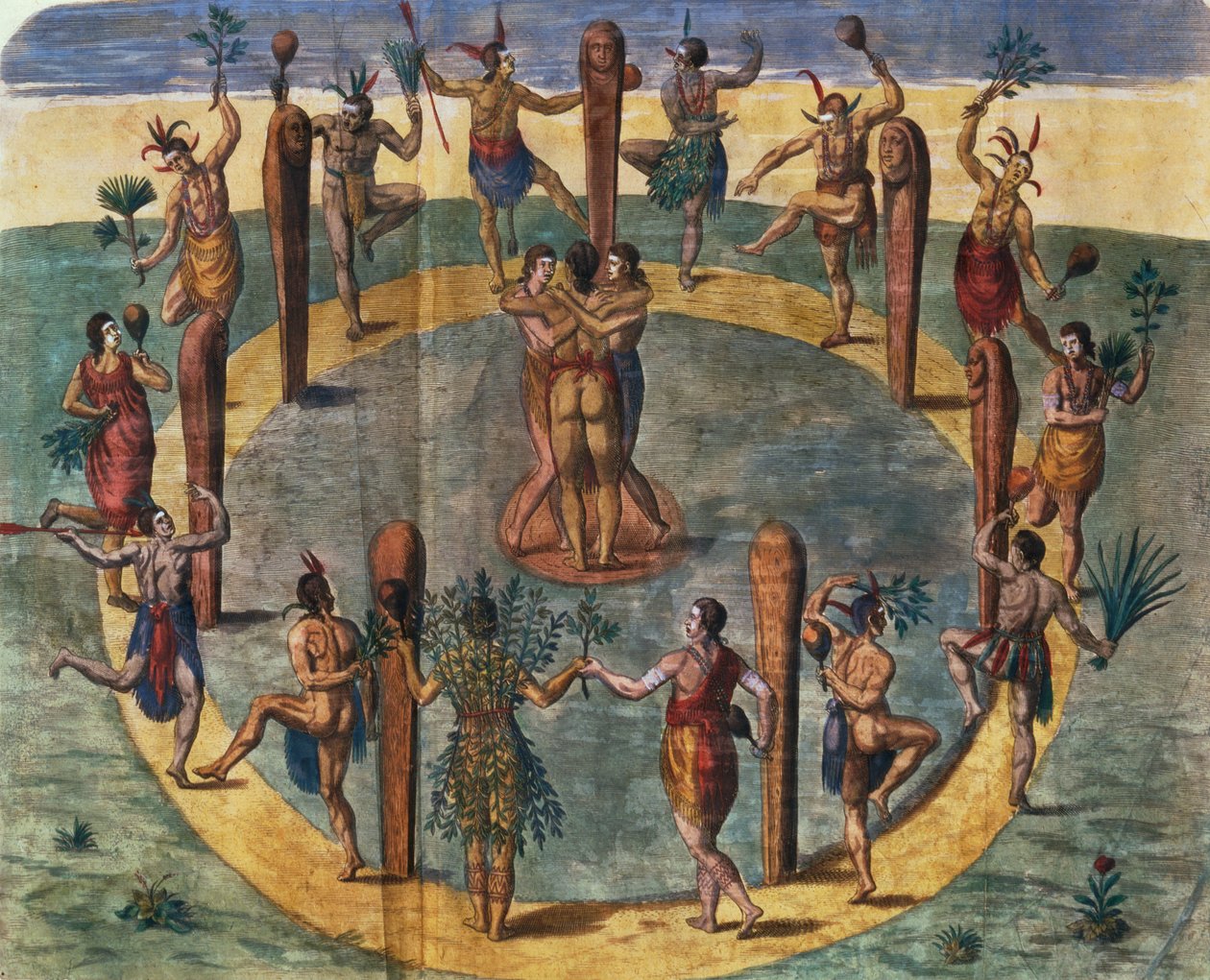 Indisk rituell dans från byn Secoton, bokillustration, ca 1570-80 (se 87469) av John White