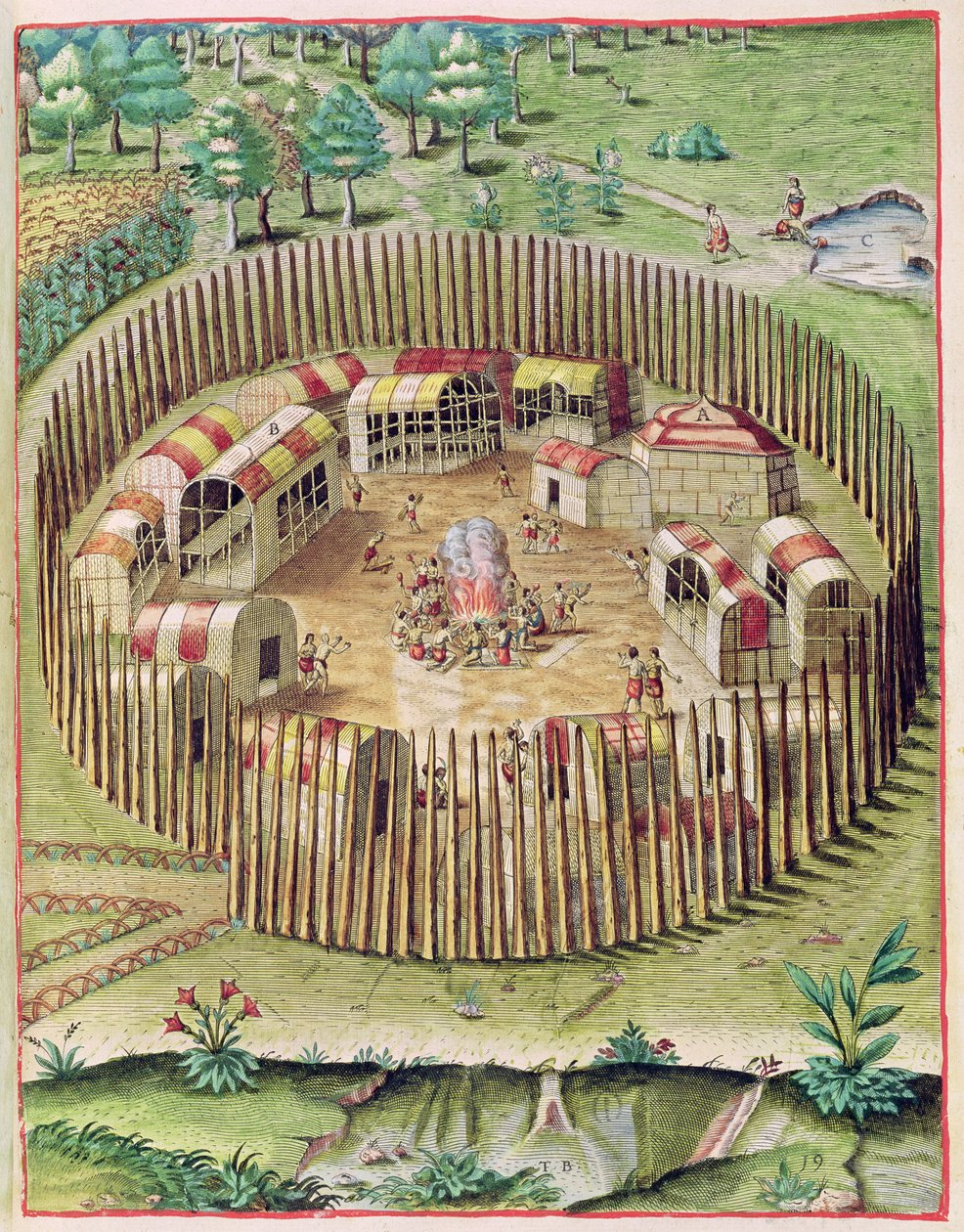 Den befästa staden Pomeiooc, ur "Admiranda Narratio...", graverad av Theodore de Bry (1528-98) 1585-88 av John White