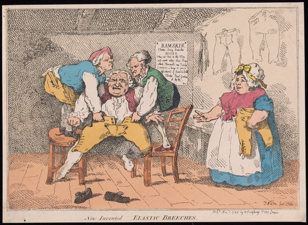 New Invented - Elastiska ridbyxor, pub. 1784 (handfärgad gravyr) av John after Nixon
