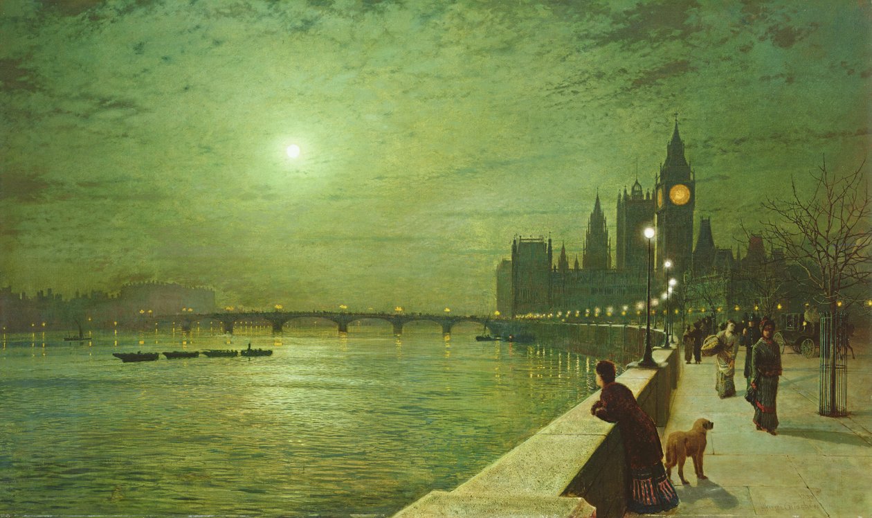 Ljusreflexer på Themsen vid Westminster av John Atkinson Grimshaw