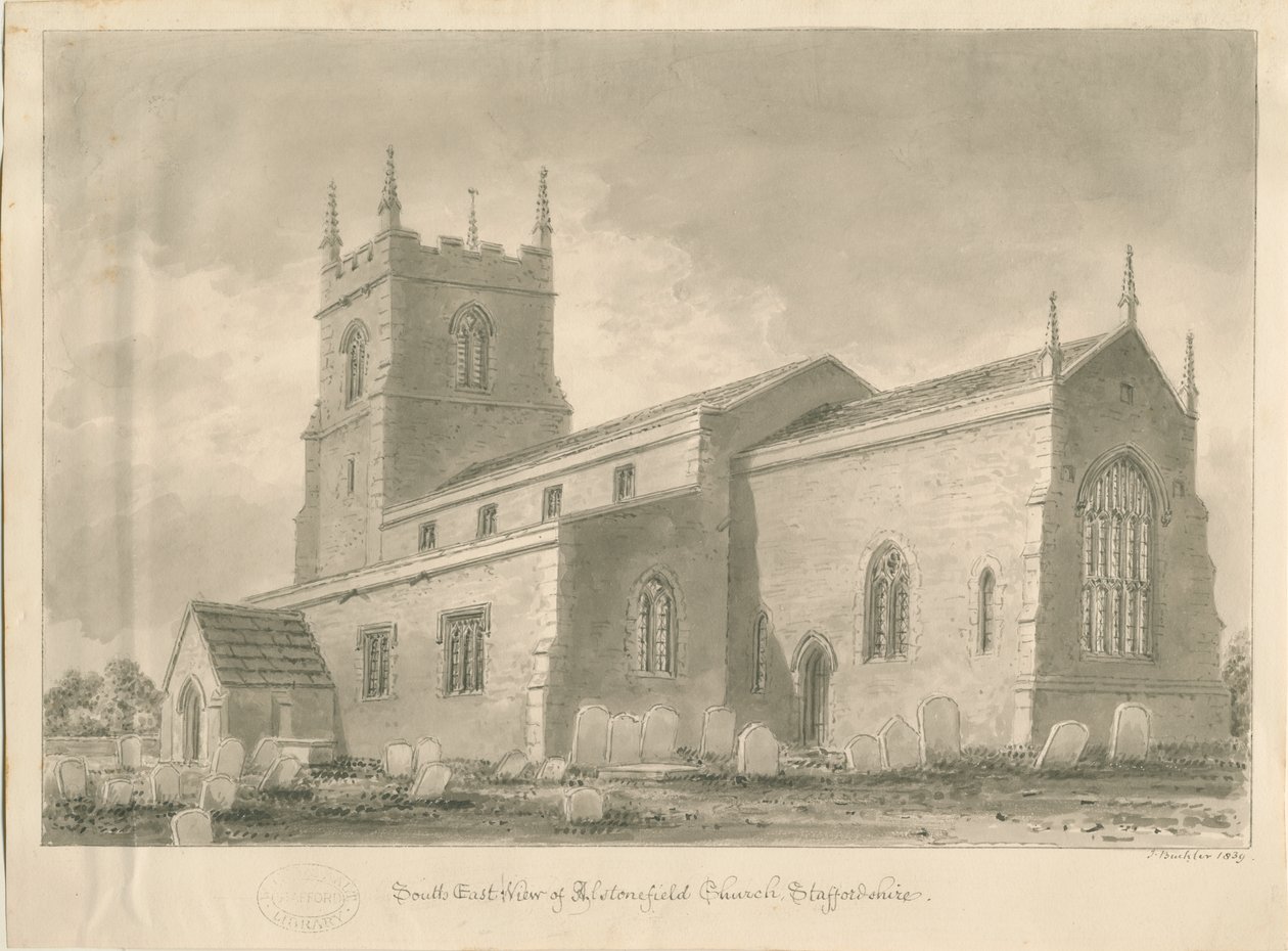 Alstonfield Church: sepiateckning, 1839 av John Buckler