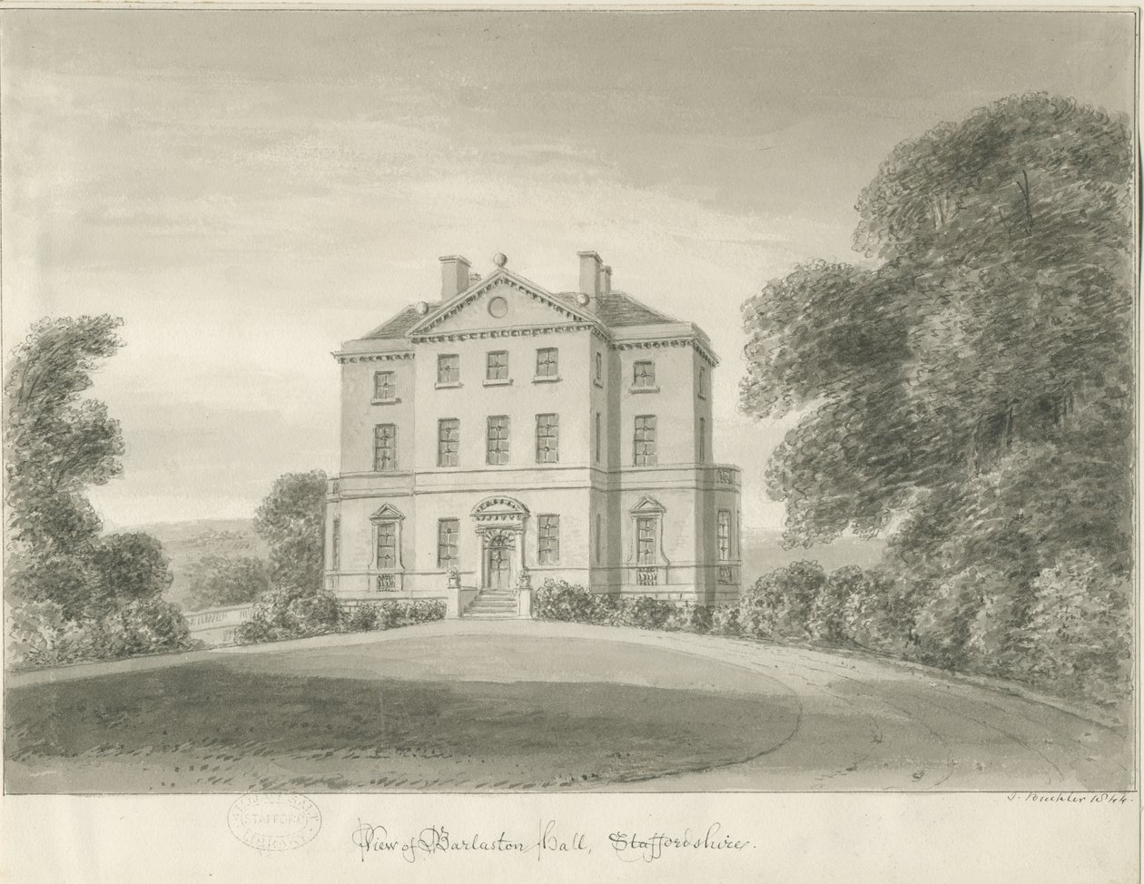 Barlaston Hall: sepiateckning av John Buckler