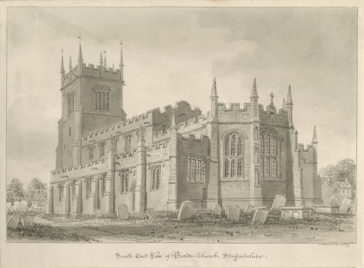 Barton under Needwood Church: sepiateckning av John Buckler