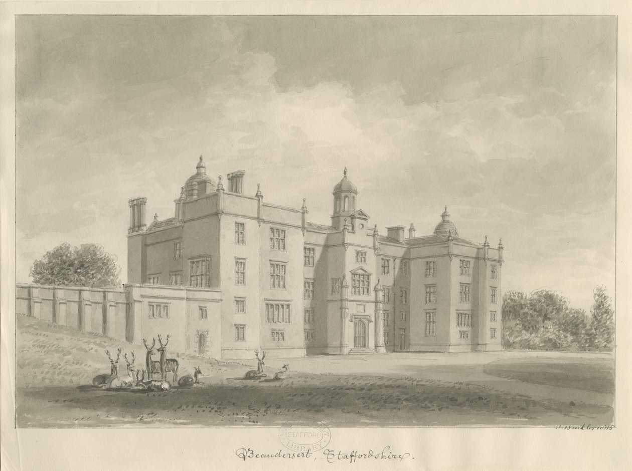 Beaudesert Hall and Park: sepiateckning av John Buckler