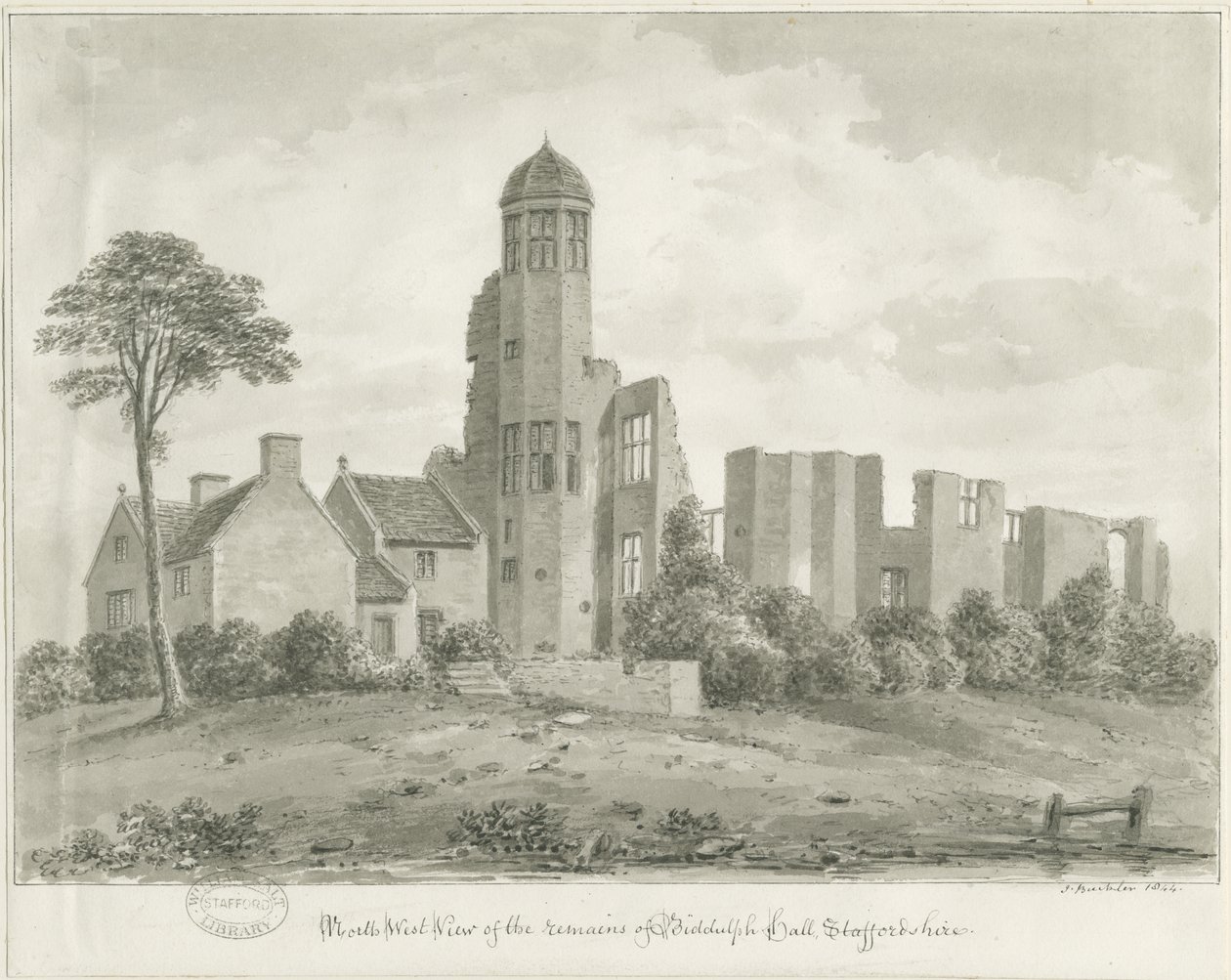 Biddulph Hall (gammal): sepiateckning av John Buckler
