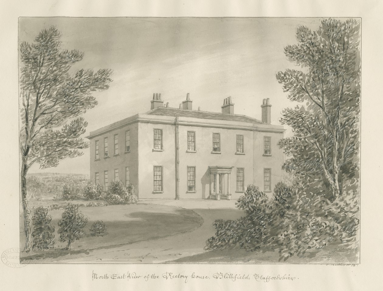 Blithfield - Rectory: sepiateckning, 1824 av John Buckler