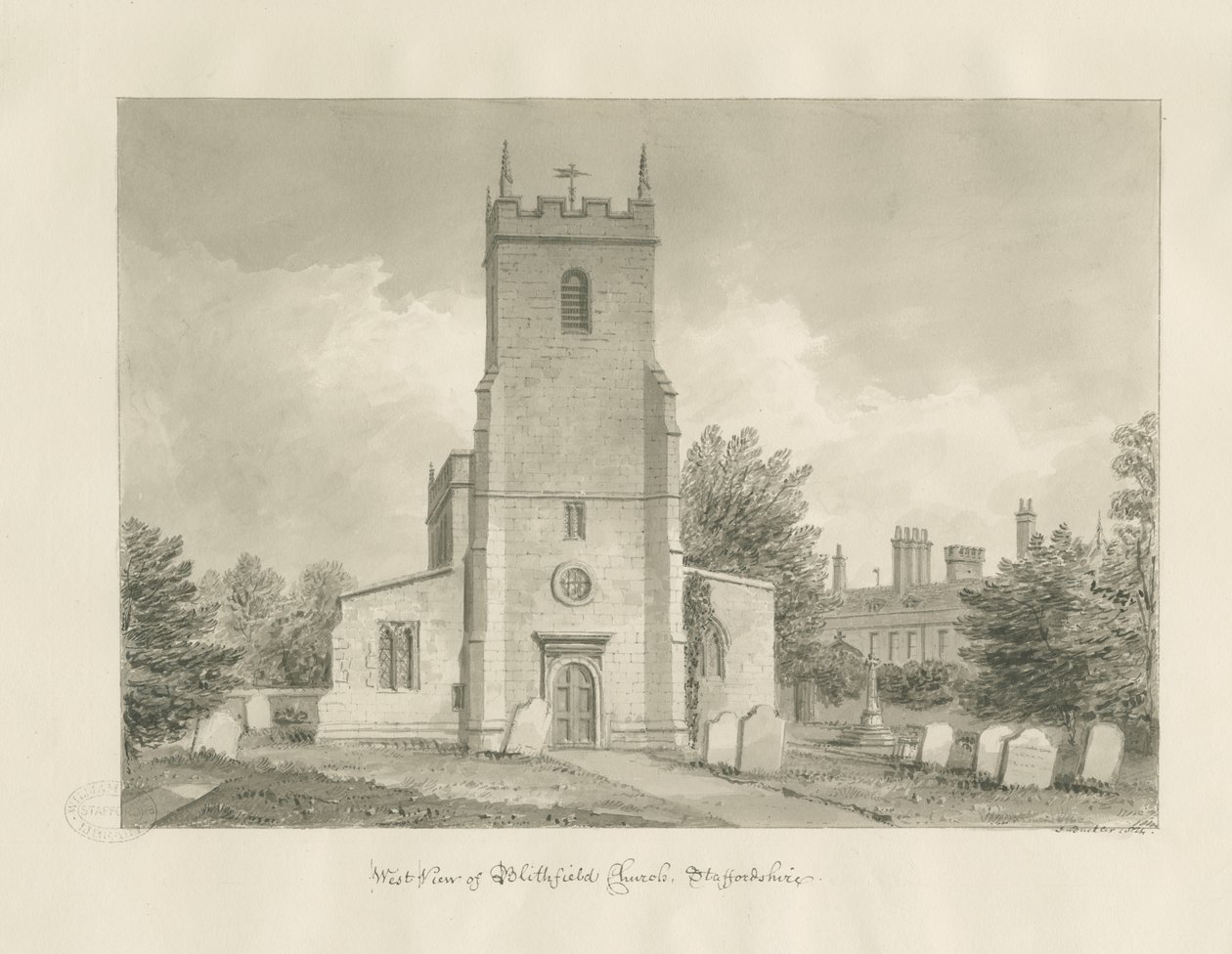 Blithfield Church: sepiateckning av John Buckler