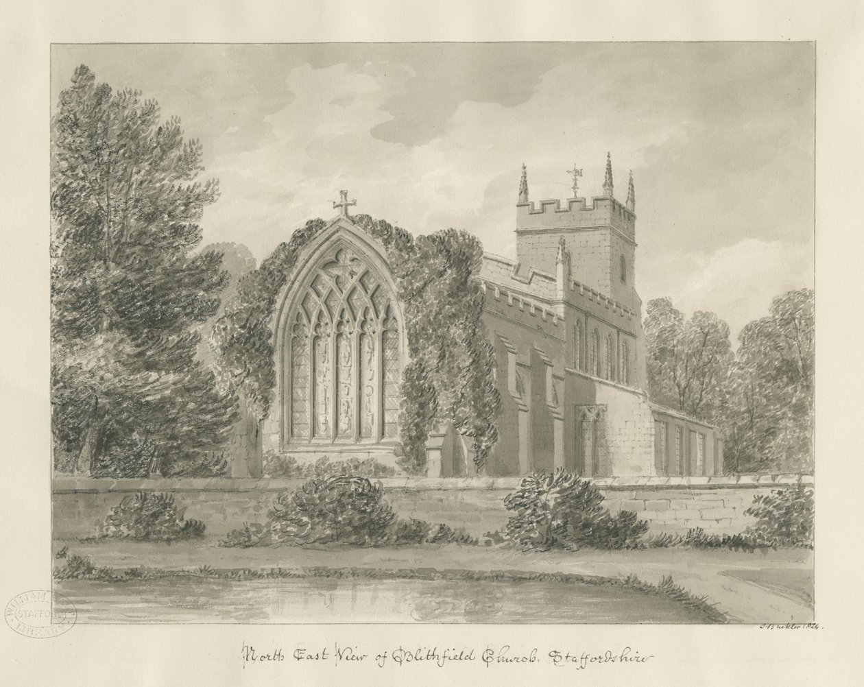Blithfield Church: sepiateckning av John Buckler