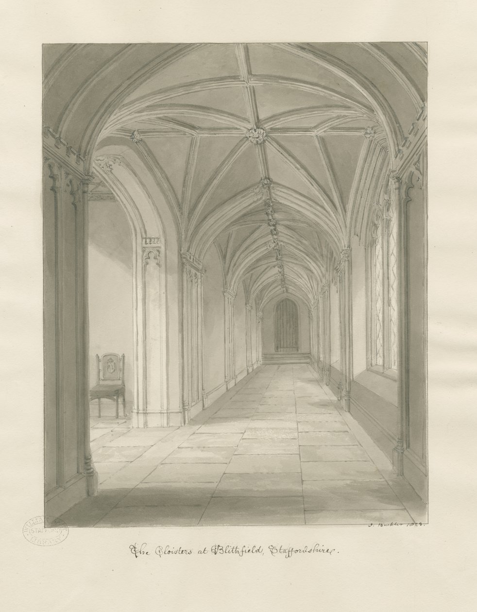 Blithfield Hall - Cloisters: sepiateckning av John Buckler