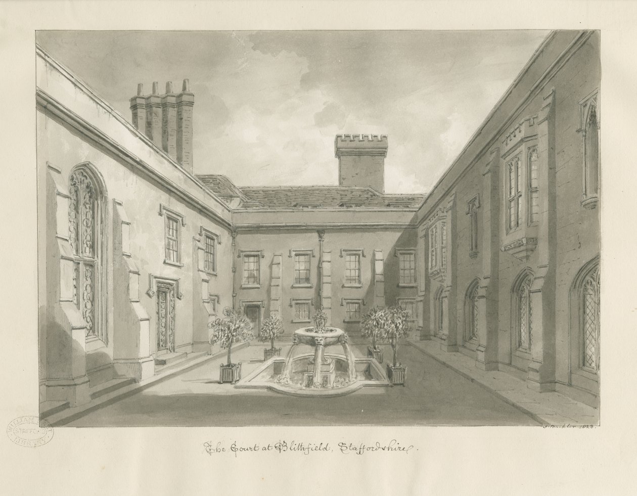 Blithfield Hall - Courtyard: sepia ritning av John Buckler