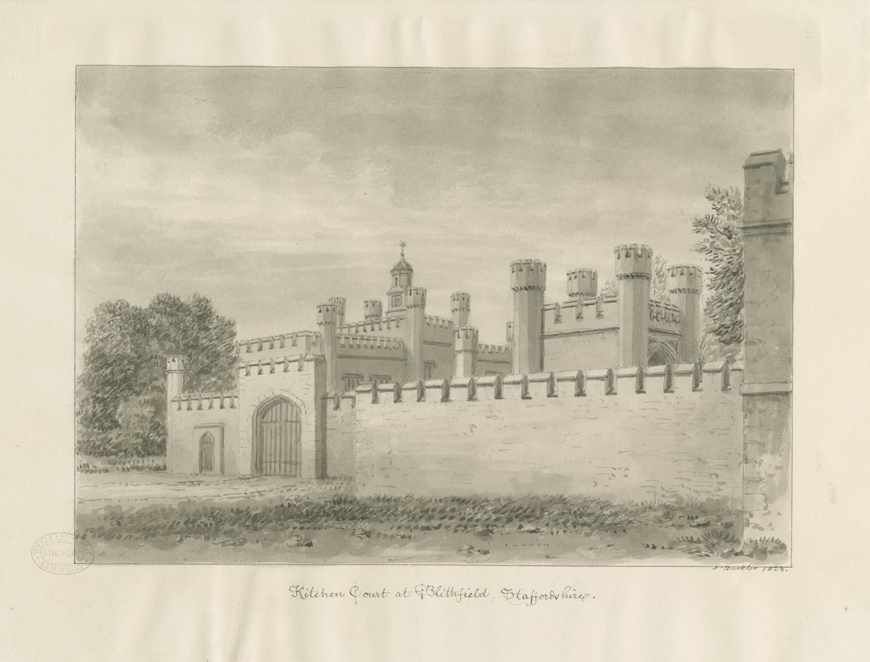 Blithfield Hall - Kitchen Court: sepiateckning av John Buckler