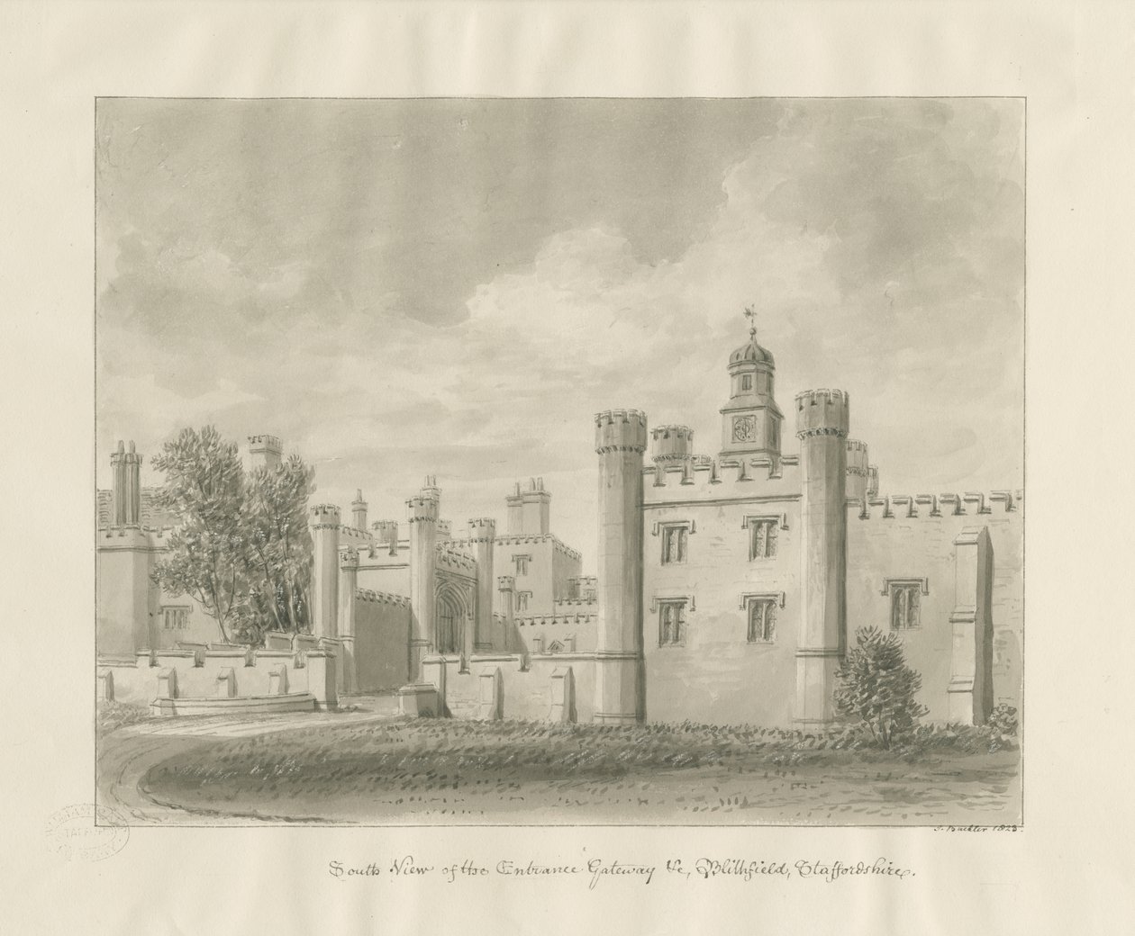 Blithfield Hall: sepiateckning av John Buckler