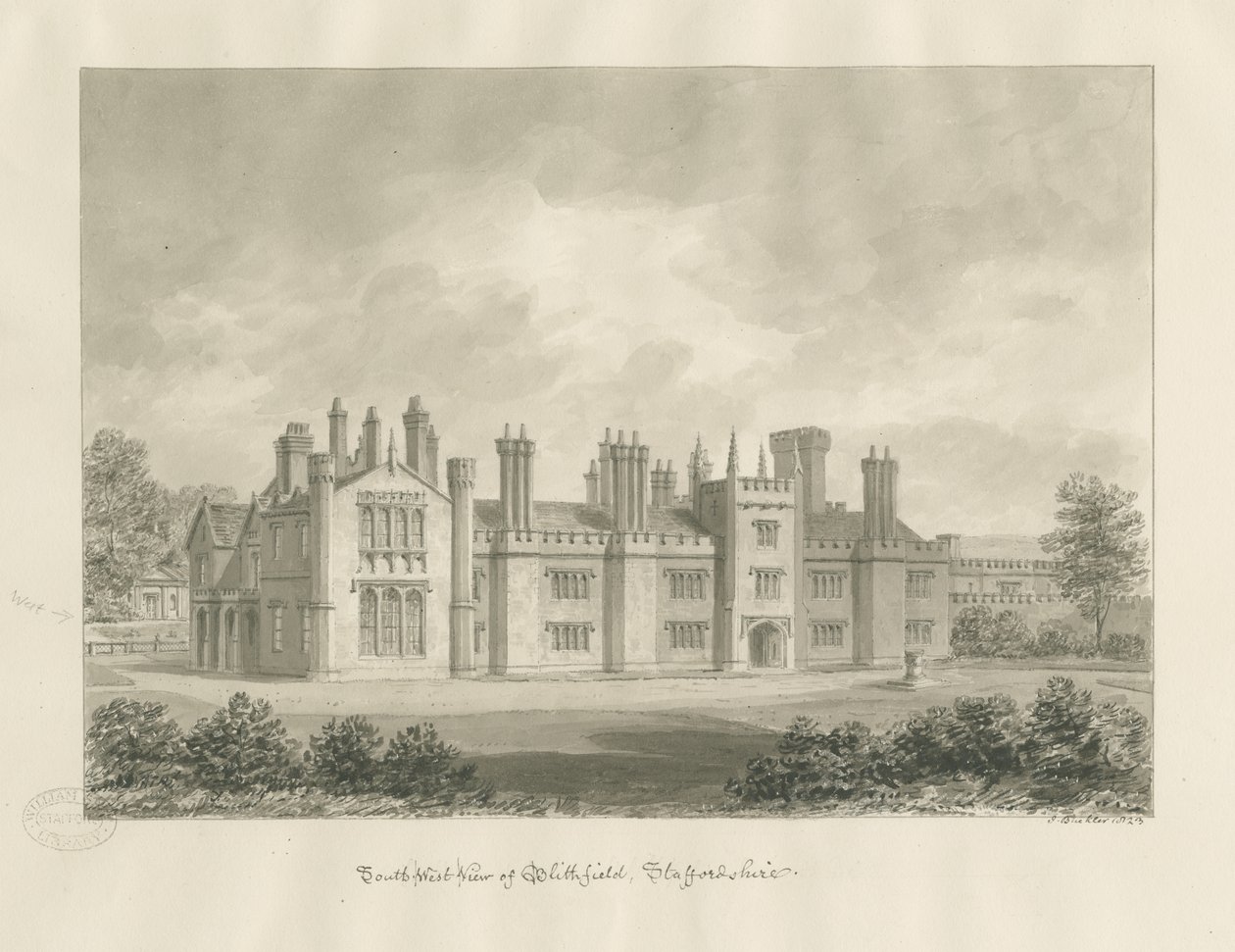 Blithfield Hall: sepiateckning, 1823 av John Buckler