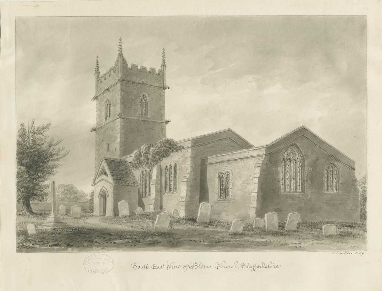 Blore Church: sepiateckning, 1839 av John Buckler