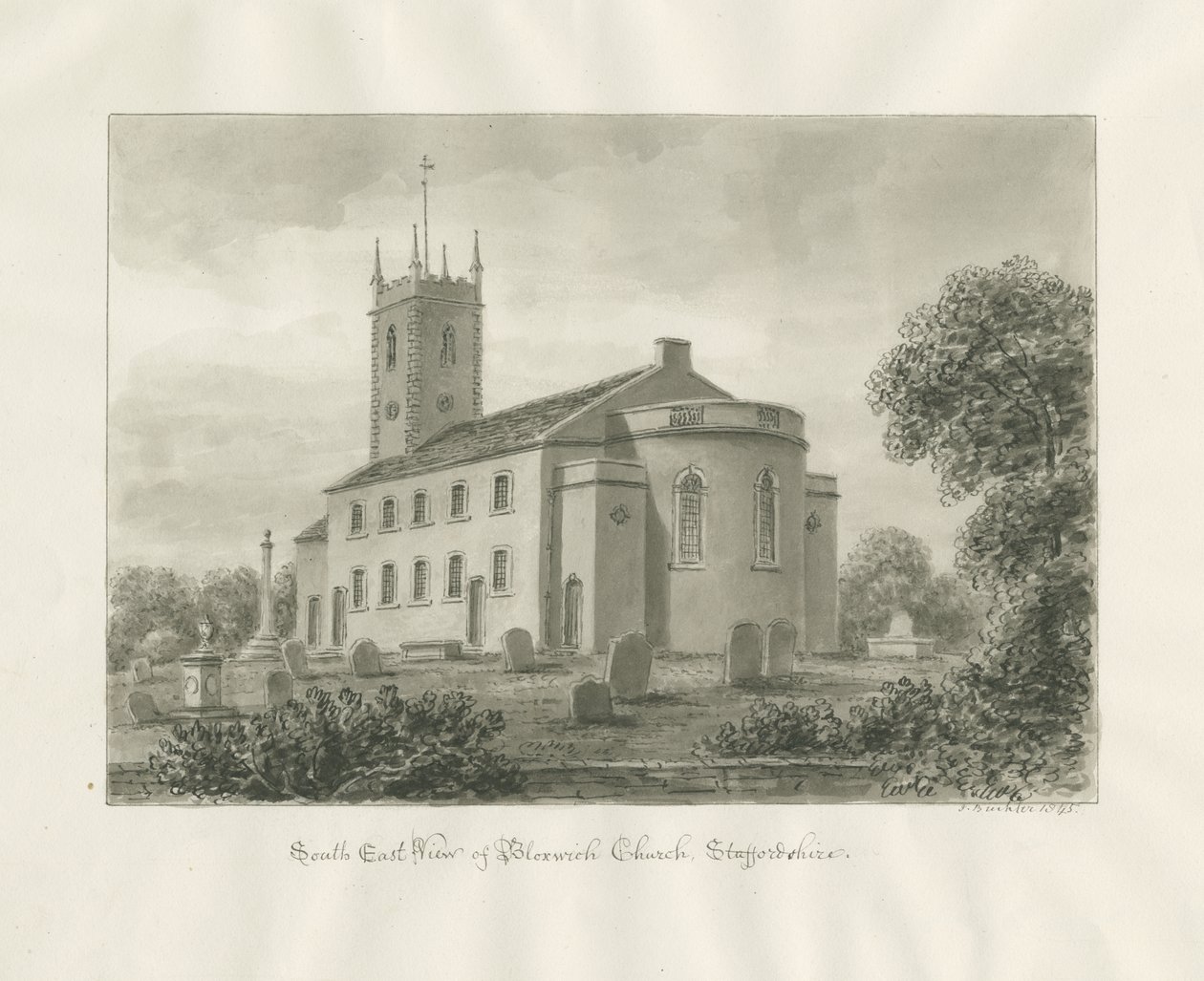Bloxwich Church: sepiateckning av John Buckler