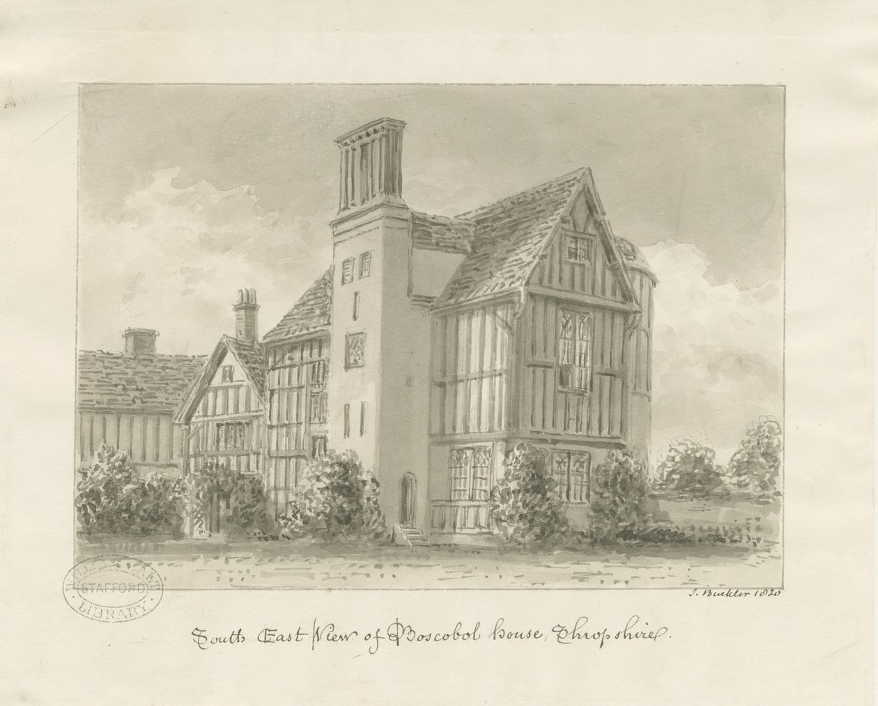Boscobel House: sepiatvätt av John Buckler