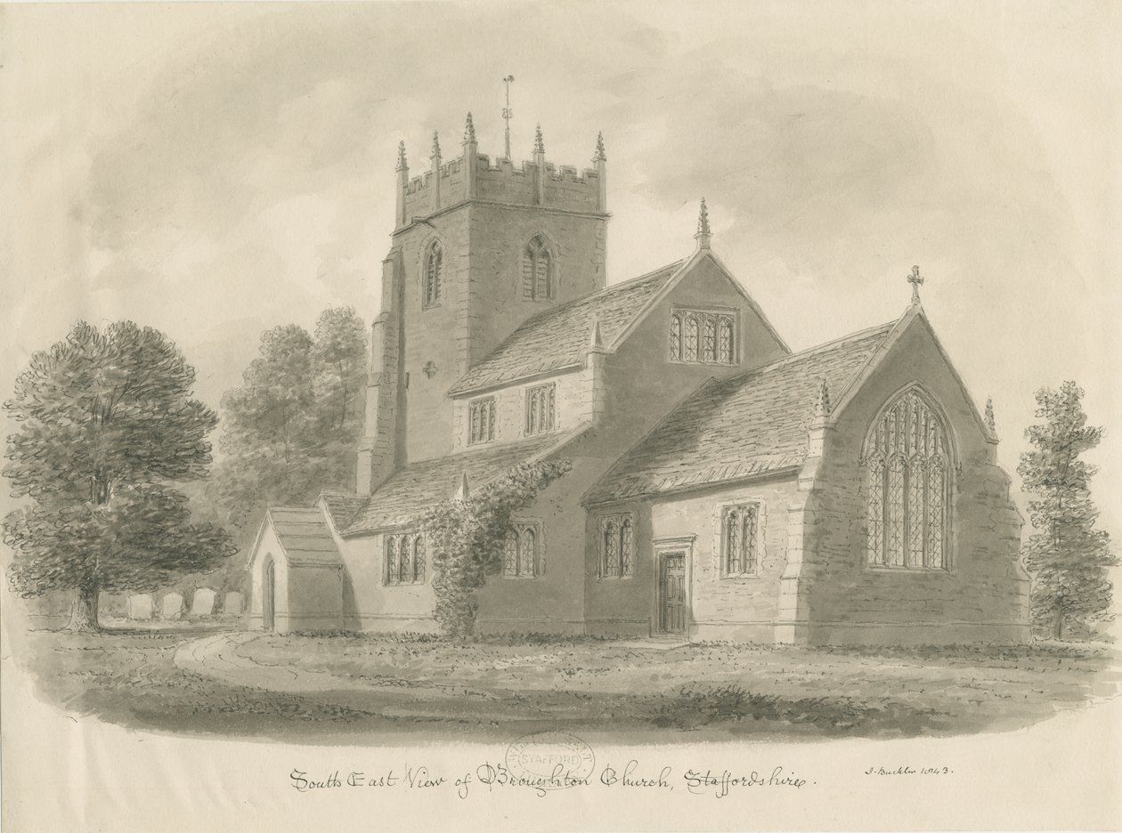 Broughton Church: sepiateckning, 1843 av John Buckler