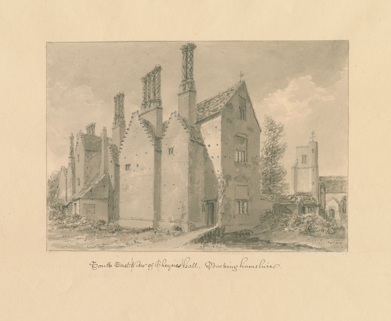 Buckinghamshire - Chenies Hall: sepiateckning av John Buckler