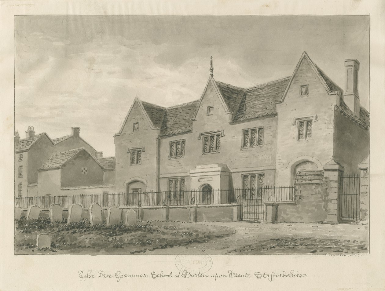Burton-upon-Trent - Grammar School: sepiateckning av John Buckler